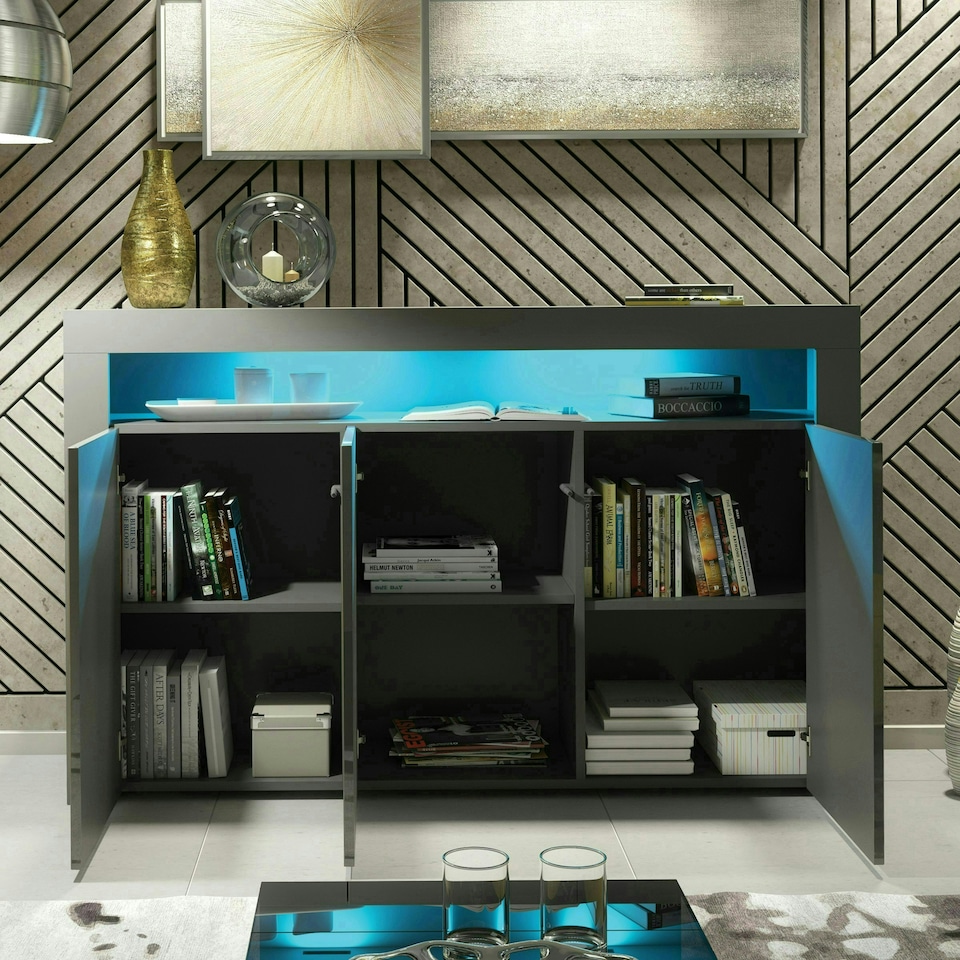 image 1 of Sideboard 155cm Grey Gloss Doors Grey Matt Body Free LED Display Unit Grey