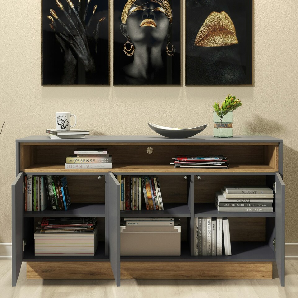 image 1 of Modern Grey and Oak Sideboard 140 cm – 3 Door Cabinet with Open Shelf Grey