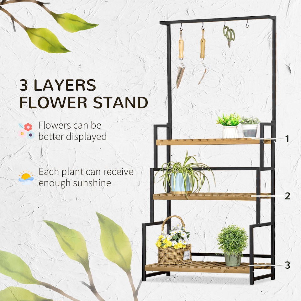 image 1 of Outsunny 3 Tiered Plant Stand Rack with Hanging Hooks for Indoor Outdoor