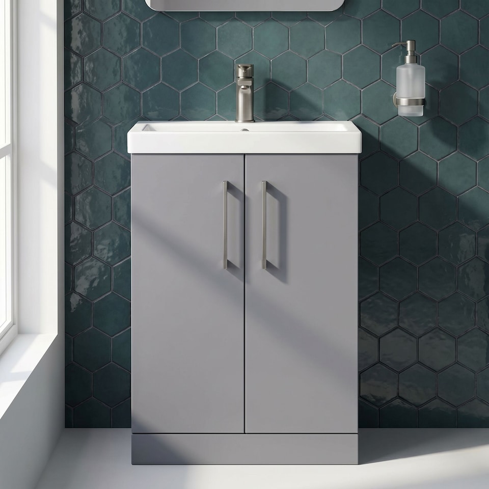 image 1 of Balterley Level Compact Bathroom Cloakroom Vanity Basin Unit with Polymarble Basin, Handles | Grey | Satin Grey | 840 x 605 x 360mm