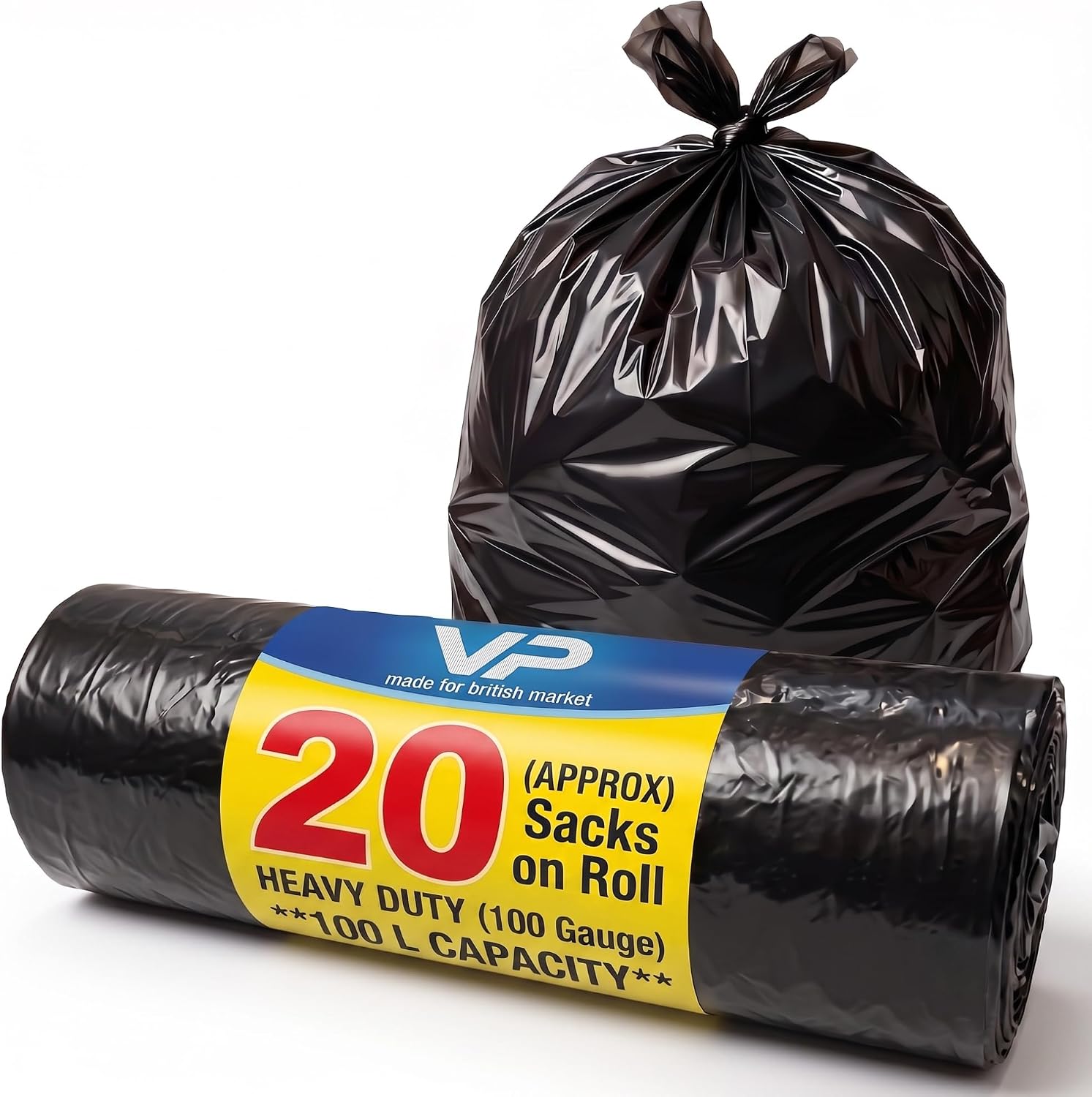 VP Heavy Duty Black Refuse Sacks, 70L Large Bin Bags (72x84cm), 100 Gauge Strong Rubbish Bags, Tear&Leak Resistant, 100% Recycled, Ideal for Kitchen, Garden & Commercial Waste (Pack of 20)