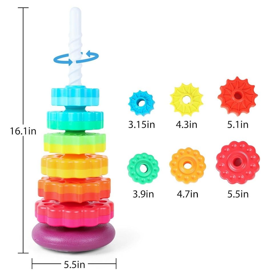 image 1 of Rainbow Stacking Tower Toy - Spiral Gear Activity Tower with Rotating Base for Toddlers