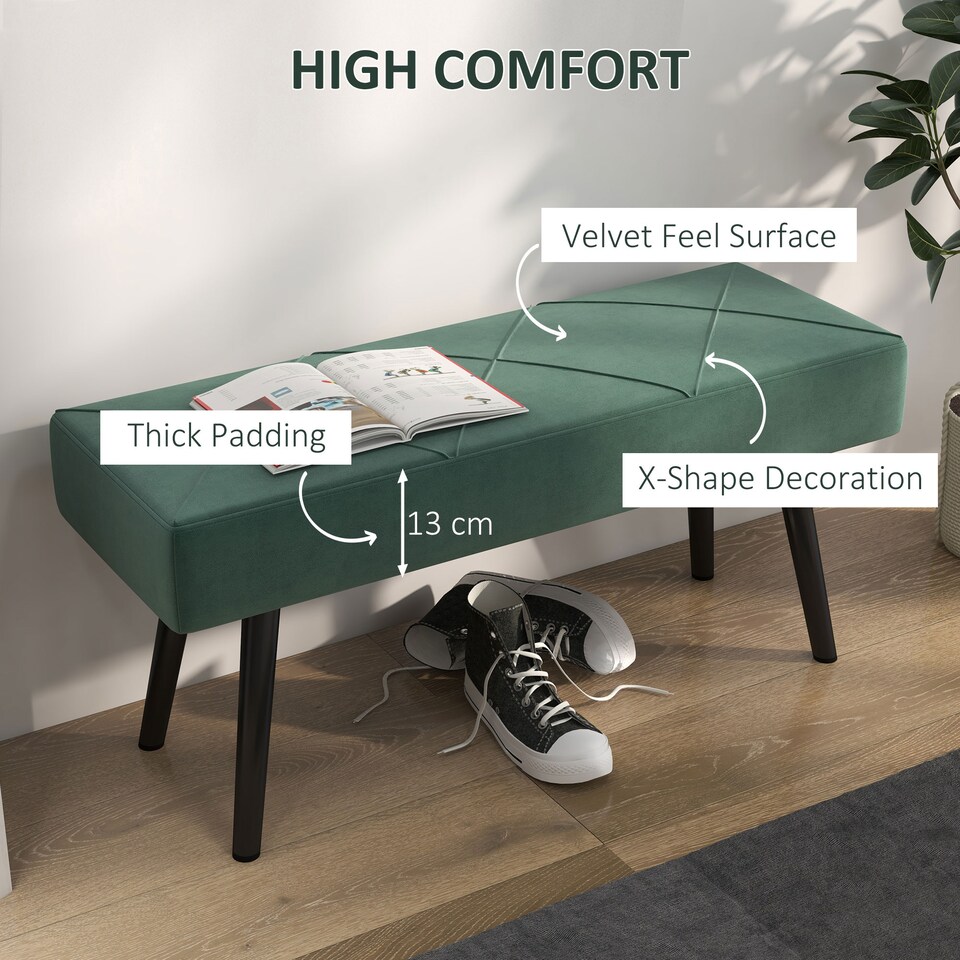 image 1 of HOMCOM End of Bed Bench, Upholstered Hallway Bedroom with Steel Legs, Green