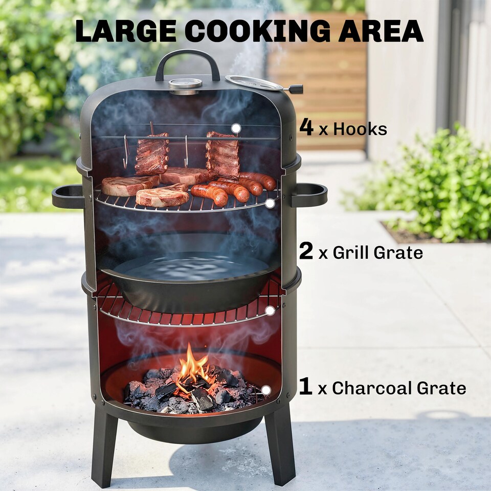 image 1 of Outsunny 3-in-1 Vertical Charcoal Smoker with 2 Grill Grates, Thermometer