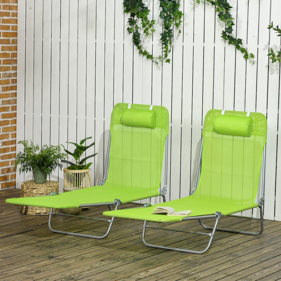 image 1 of Outsunny 2 Pieces Sun Loungers Foldable Reclining Chair with Headrest Green | Green