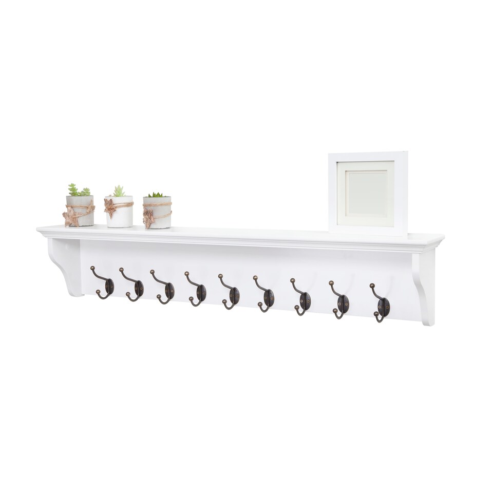 image 1 of Richmond White Wooden Wall Mounted Coat Rack - 9 Hooks, Shelf, Hallway, Bathroom | White