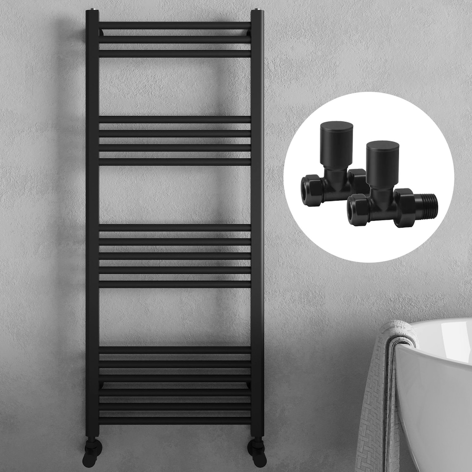 image 1 of Matt Black 1400 x 600mm Heated Bathroom Towel Rail Warmer Ladder Radiator with Straight Manual Valves Pair