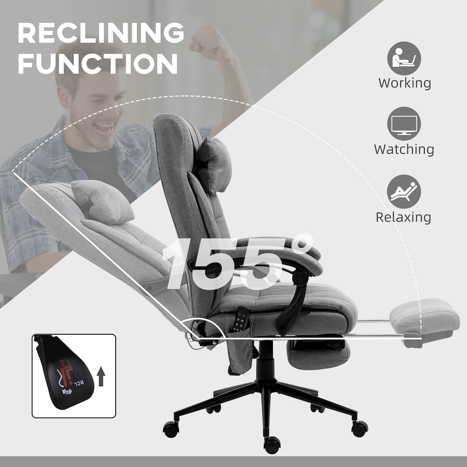 image 1 of Vinsetto Office Chair with 6-point Vibration Massage and Heat, Computer Chair with Adjustable Height, Head Pillow, Footrest for Home, Grey