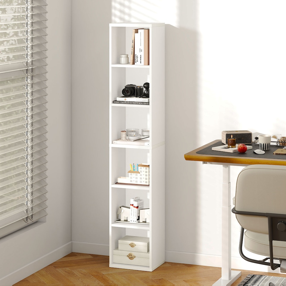 image 1 of Levede Slim Wooden Bookcase White Storage Shelf Organizer for Home Office | White
