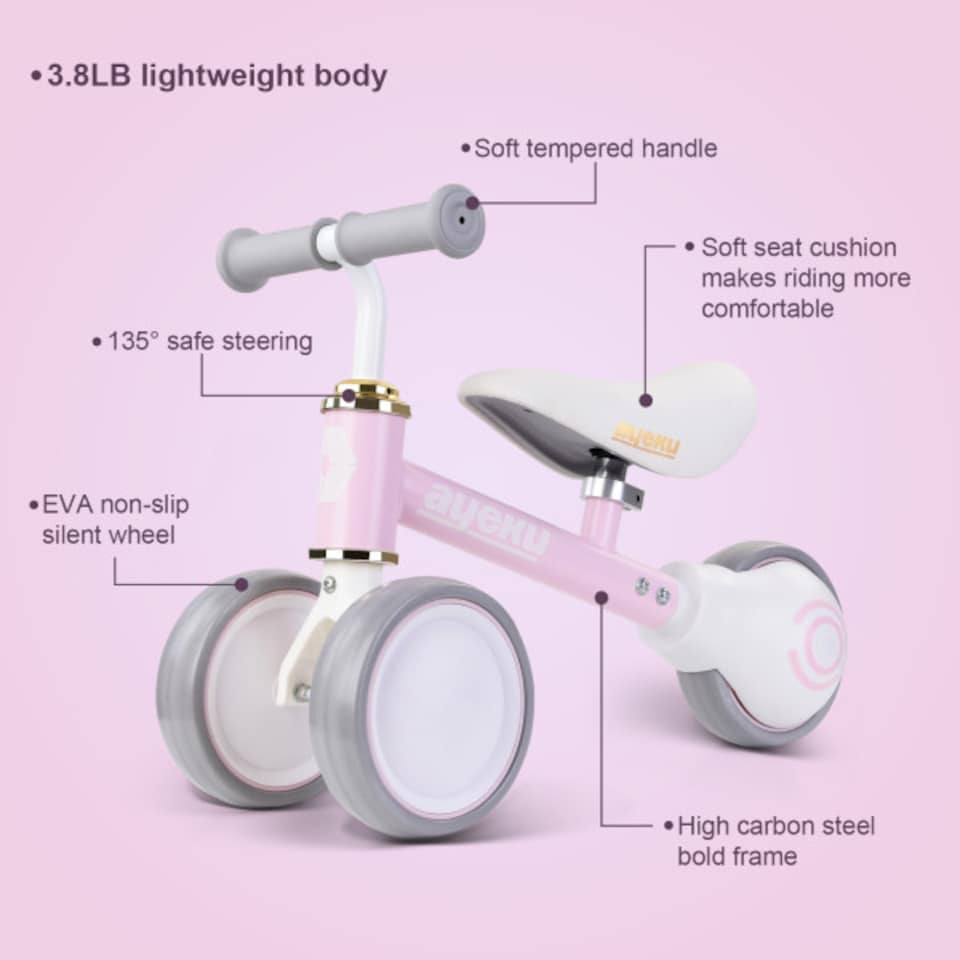 image 1 of AyeKu Baby Toddler Balance Bike Silent Wheels Adjustable Seat, 1-3 Years, Pink | Pink