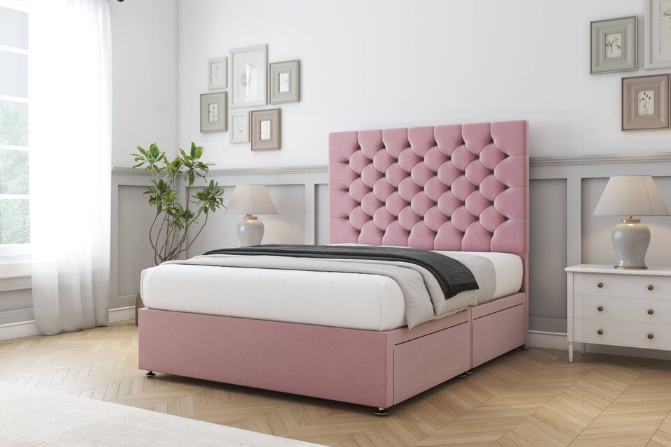image 1 of Sloomy Mayfair Pink Plush Divan Bed With Mattress 4 Drawers With 26" Strutted Headboard 6' Super King | Pink | Pink | Super King | 1