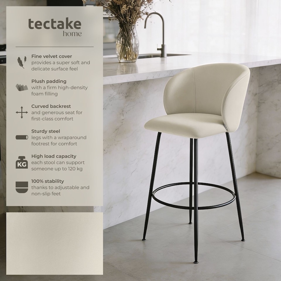 image 1 of Bar Stool Luana - with backrest, velvet look and padded | Cream | cream/black | 60 x 51 x 106 cm | 2