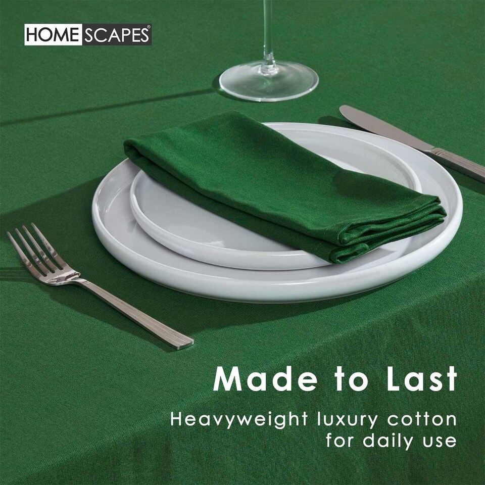 image 1 of Homescapes Plain Cotton Dark Green Tablecloth - 178 x 305 cm | Green | 178cm x 305cm (70" x 120")