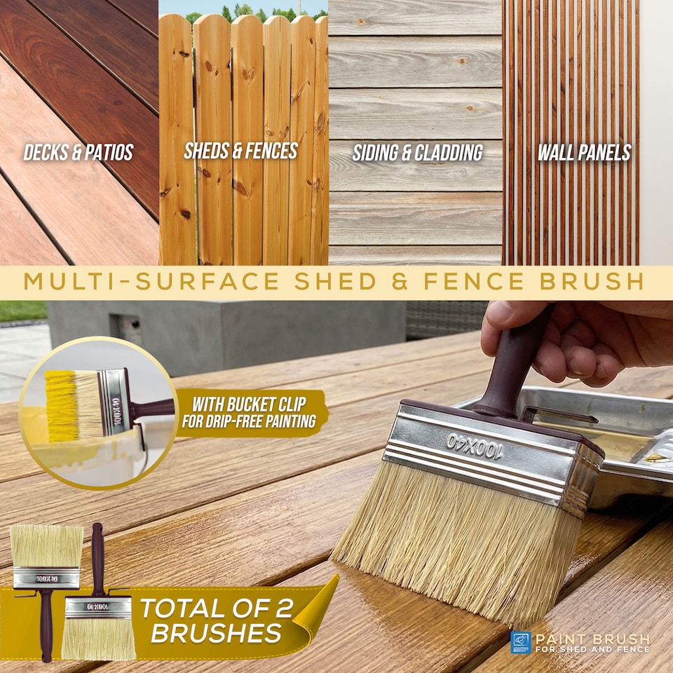 image 1 of Shed and Fence 4 Inch Paint Brushes Large Block Brush Set for Wood Treatment & Stain - Pack of 2