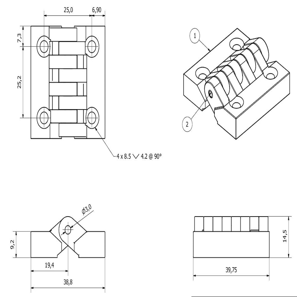 image 1 of Black Polyamide Hinge Reinforced Plastic 39x39mm Italian Made Industrial Quality Black
