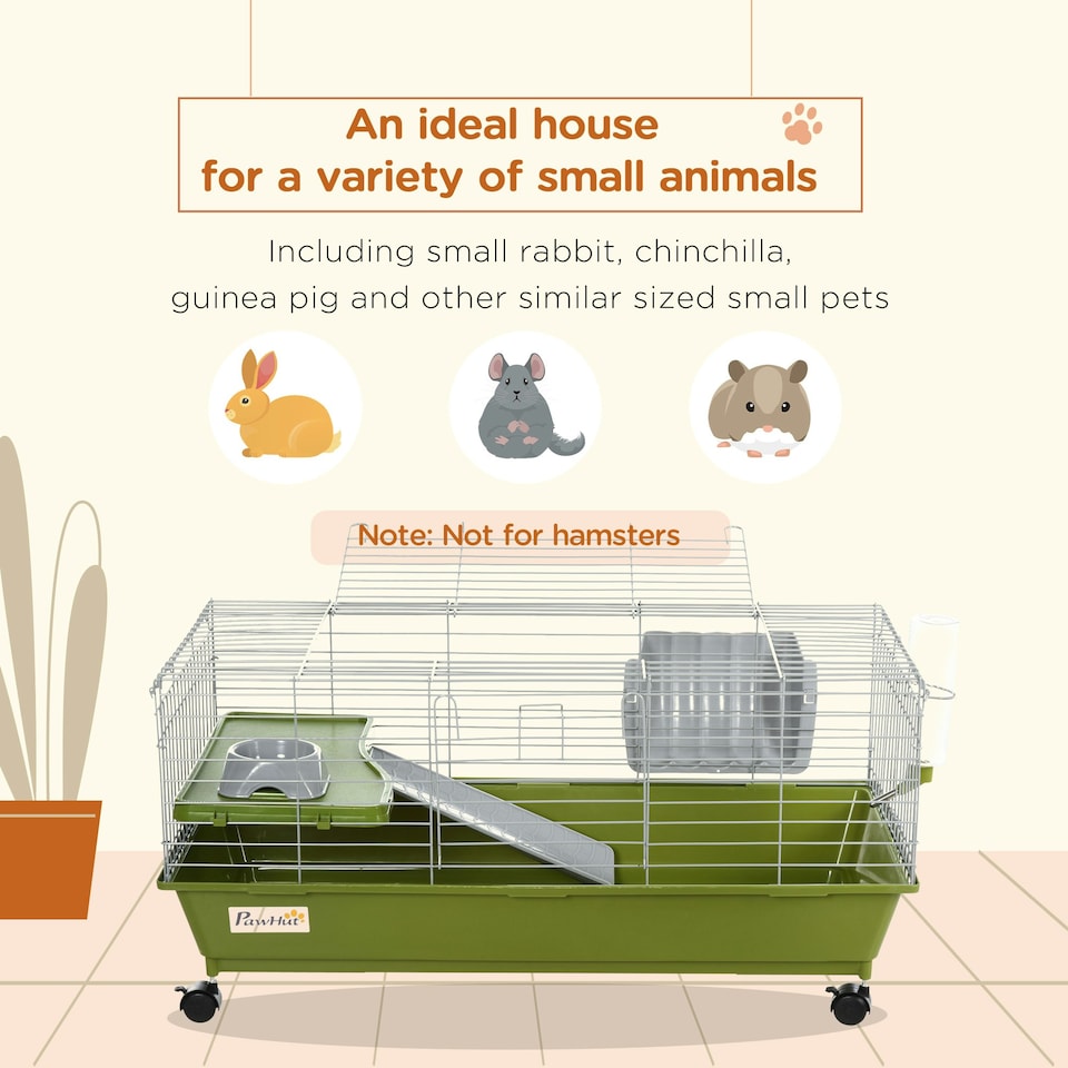 image 1 of PawHut 89cm Small Animal Cage for Rabbit Guinea Pig w/ Food Dish Green