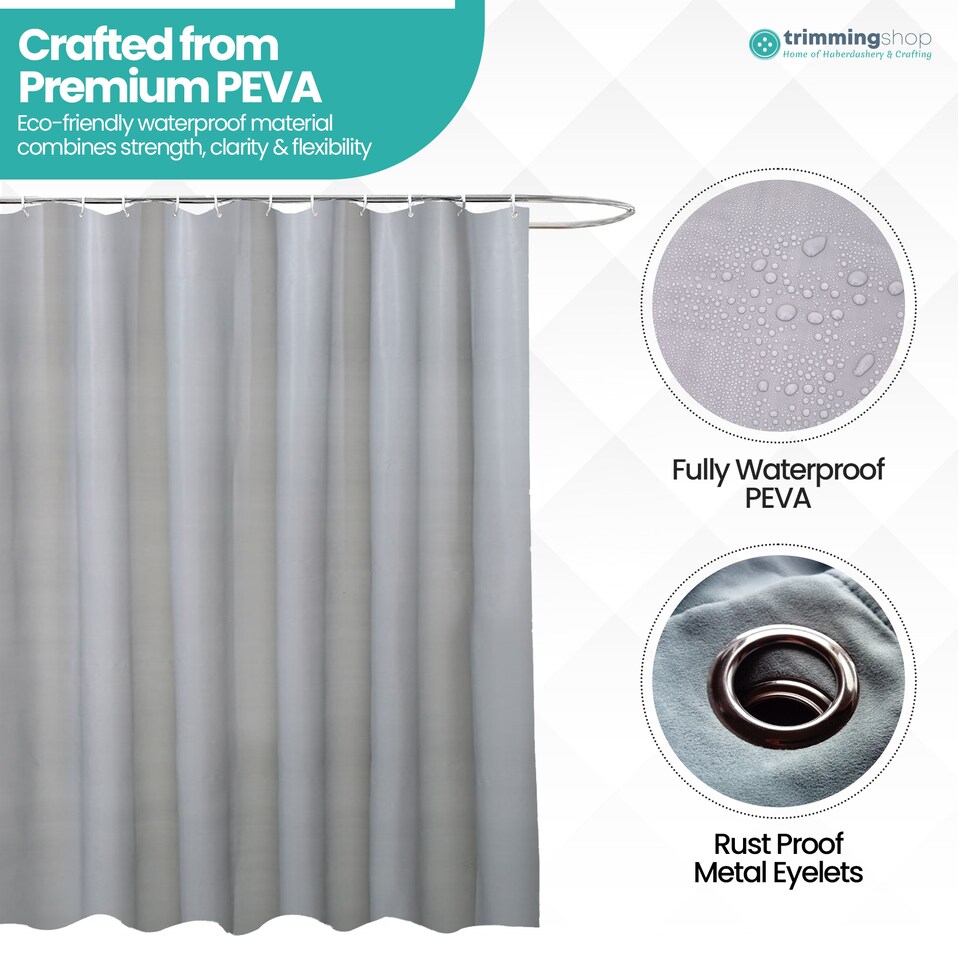 image 1 of PEVA Plain Mould & Mildew Resistant Shower Curtain with 12 Hooks - 180x180cm