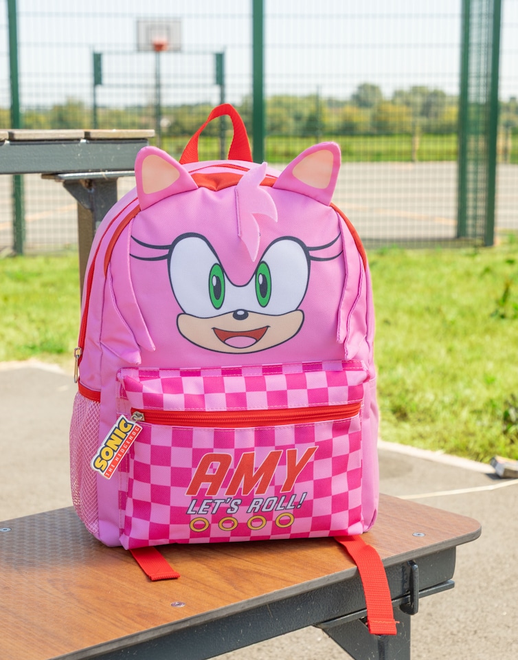 image 1 of Sonic the Hedgehog Kids Pink 3D Amy the Hedgehog Backpack - Character School Bag with 'Amy Let's Roll' Text - Zip Closure - Carry Bag for Books & Lunch Boxes - Sonic Merch Rucksack | Pink | Pink