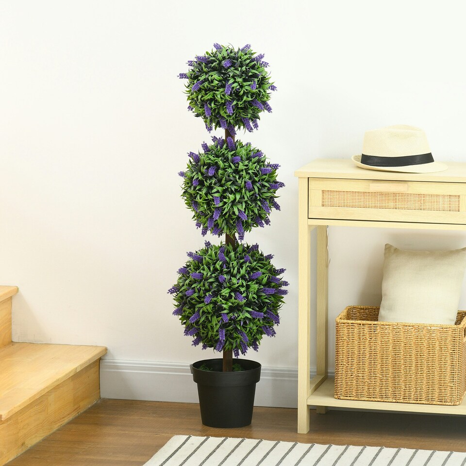 image 1 of HOMCOM Set of 2 Potted Artificial Plants Ball Tree with Lavender Flowers, 110cm