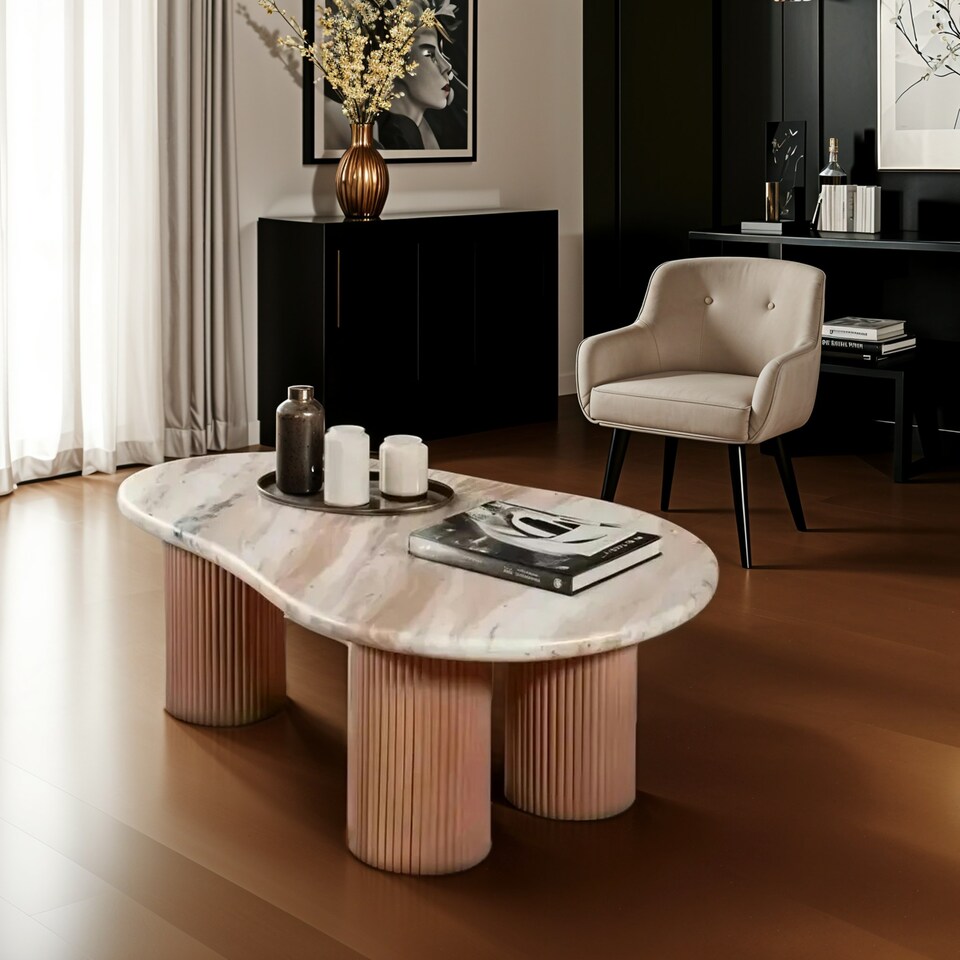 image 1 of Bundi Natural Marble & Wood Pedestal Coffee Table Brown
