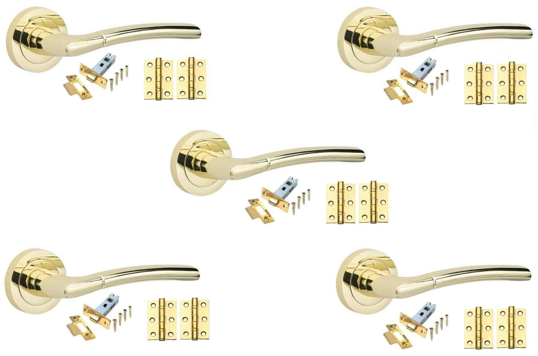 Golden Grace 5 Sets Indiana Design Door Handles in Polished Brass Finish with Tubular Latch and 1 Pair of 3" Ball Bearing Hinges Gold 5 Set
