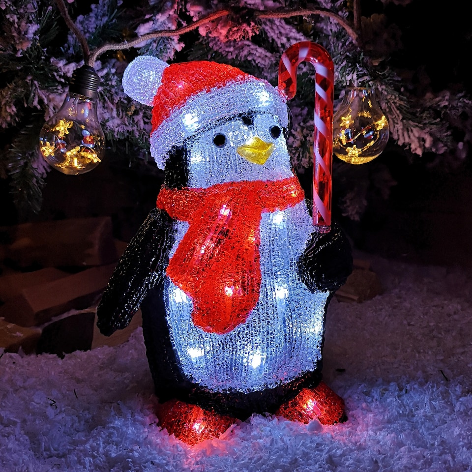 image 1 of 30cm LED Soft Acrylic Penguin with Candy Cane Christmas Decoration