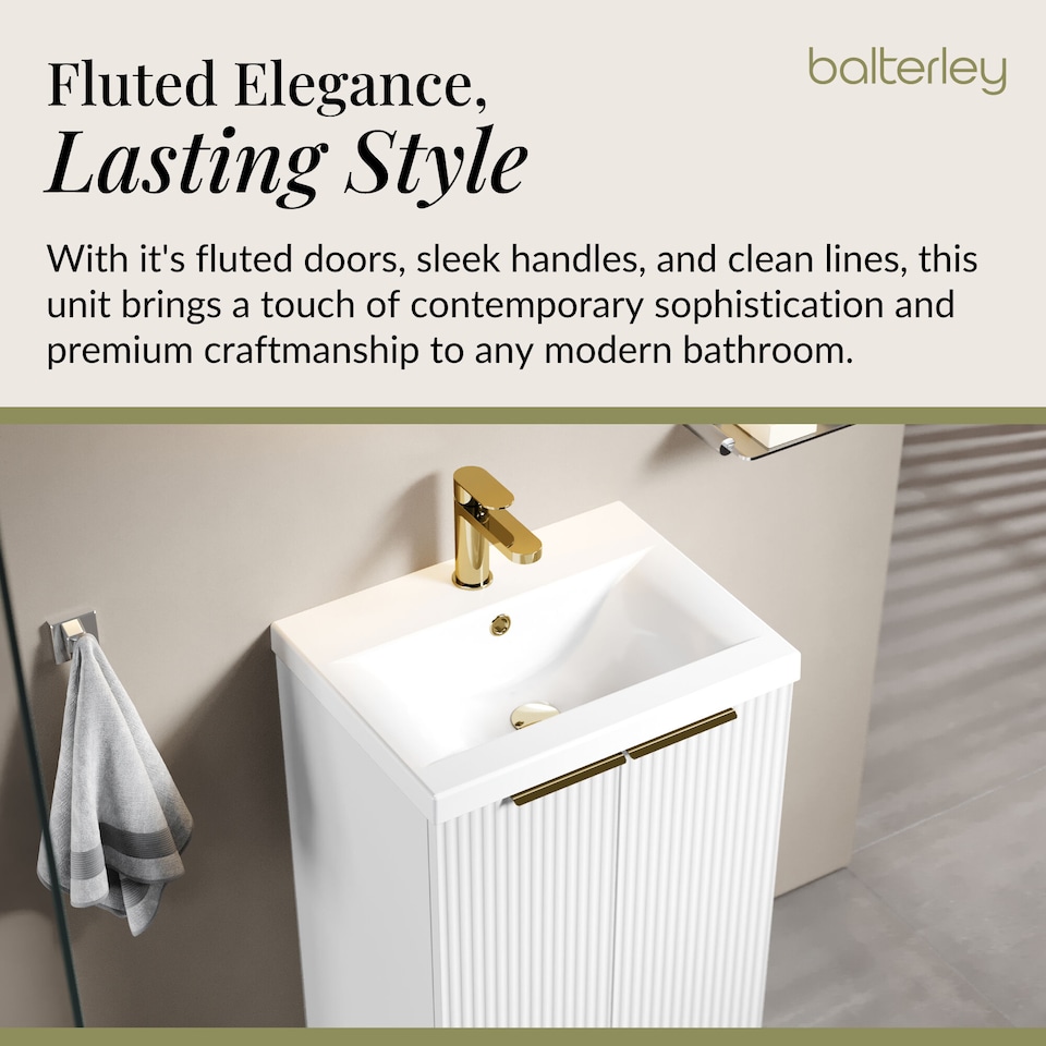 image 1 of Balterley Fluted 2-Door Floor Standing Vanity Unit with Basin & Handles | White | Satin White