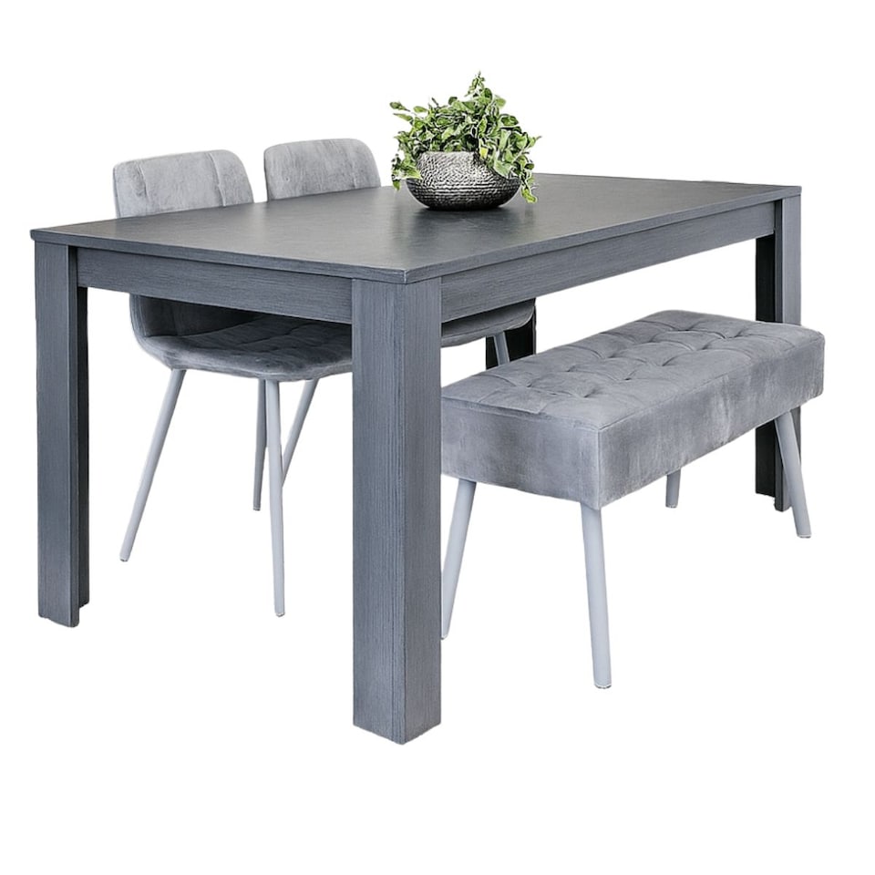 image 1 of Modern Dining Set  Dark Grey Table, Bench and 2 Grey Velvet Chairs