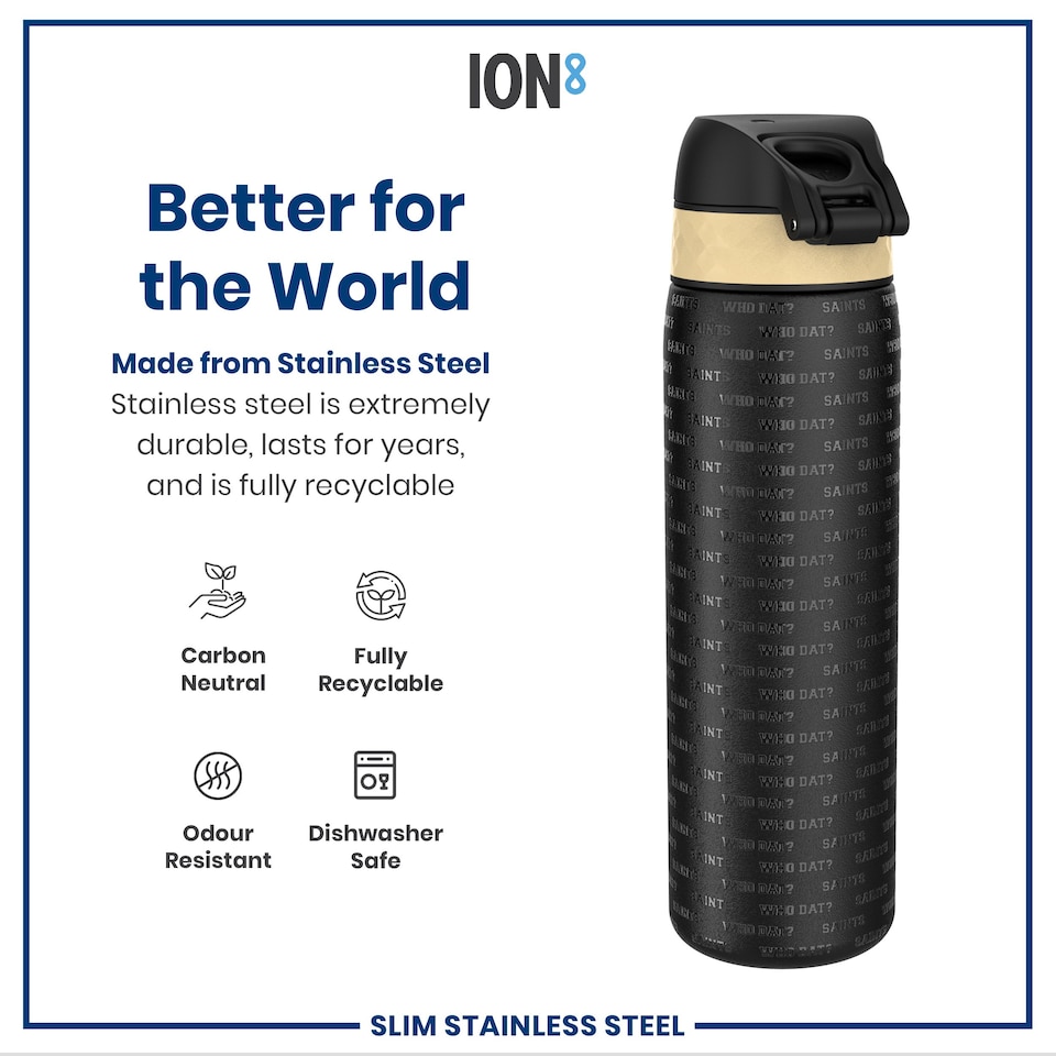 image 1 of Leak Proof Slim Water Bottle, Stainless Steel, NFL, 600ml (20oz) | Black | NFL Saints | One Size