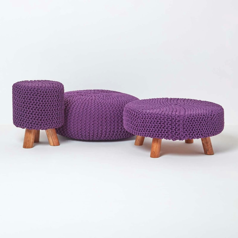 image 1 of Homescapes Deep Purple Large Round Cotton Knitted Pouffe Footstool