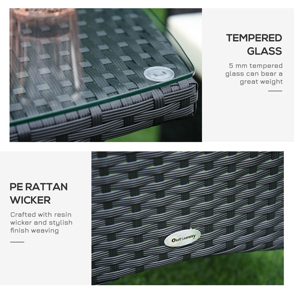 image 1 of Outsunny 3 Pieces Rattan Bistro Set, Wicker Garden Furniture Set with 2 Tier Coffee Table and Chairs, Cushions, for Outdoor Patio Balcony, Black