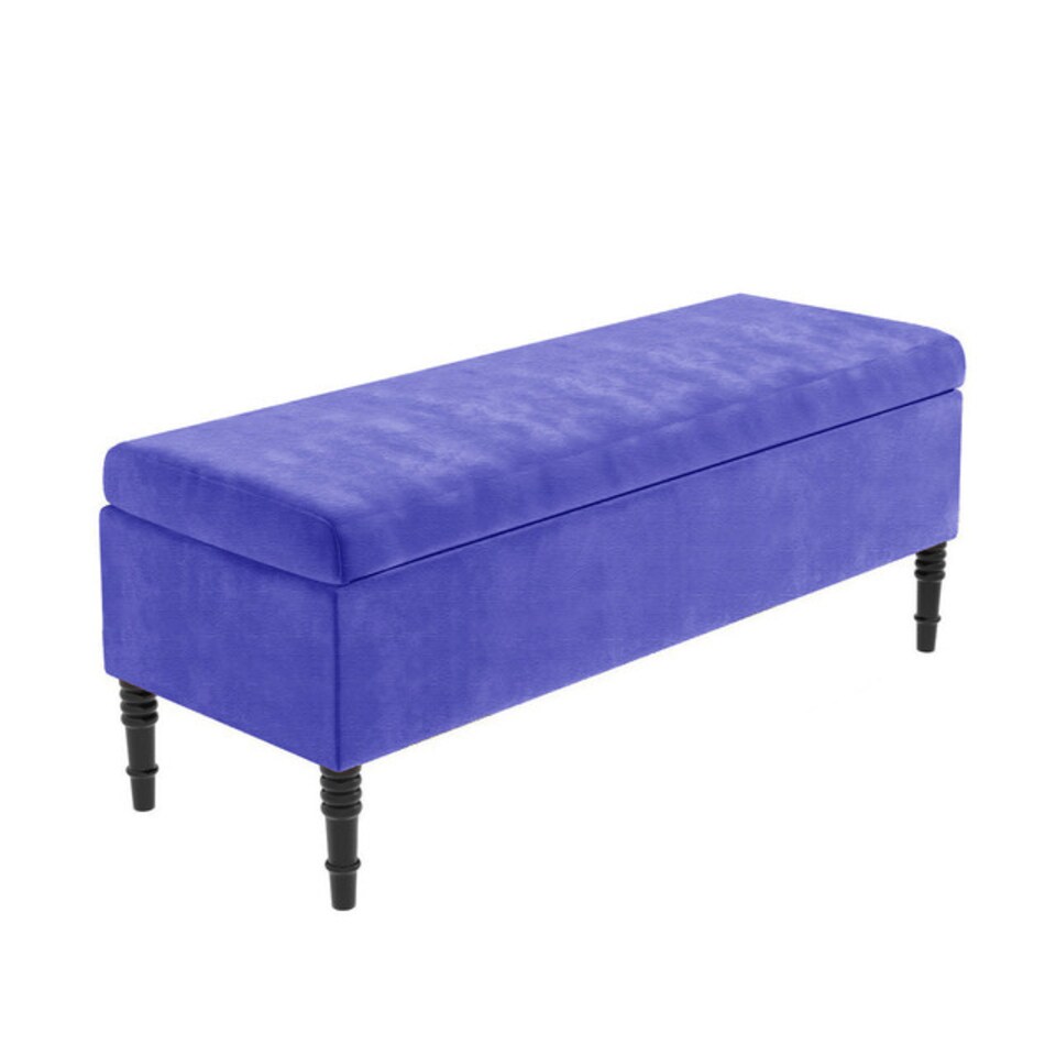 image 1 of 120cm Paris Plain Ottoman Storage Bench -Naples Shoes Bench with Black Turned Wooden Legs - Blue Upholstery Storage Footstool