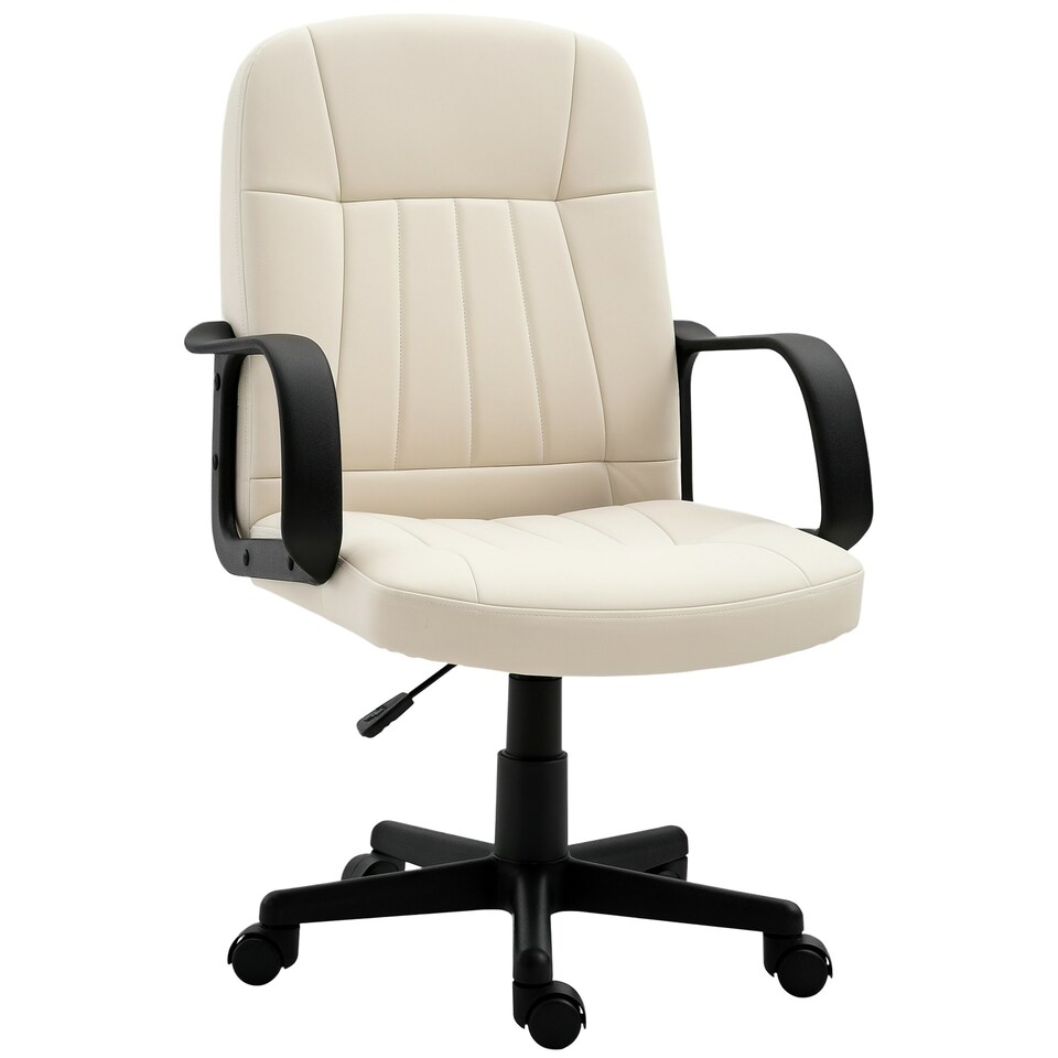 image 1 of HOMCOM Desk Chair, PU Leather Computer Office Chair with Adjustable Height, Swivel Wheels for Home Work Study, Cream White