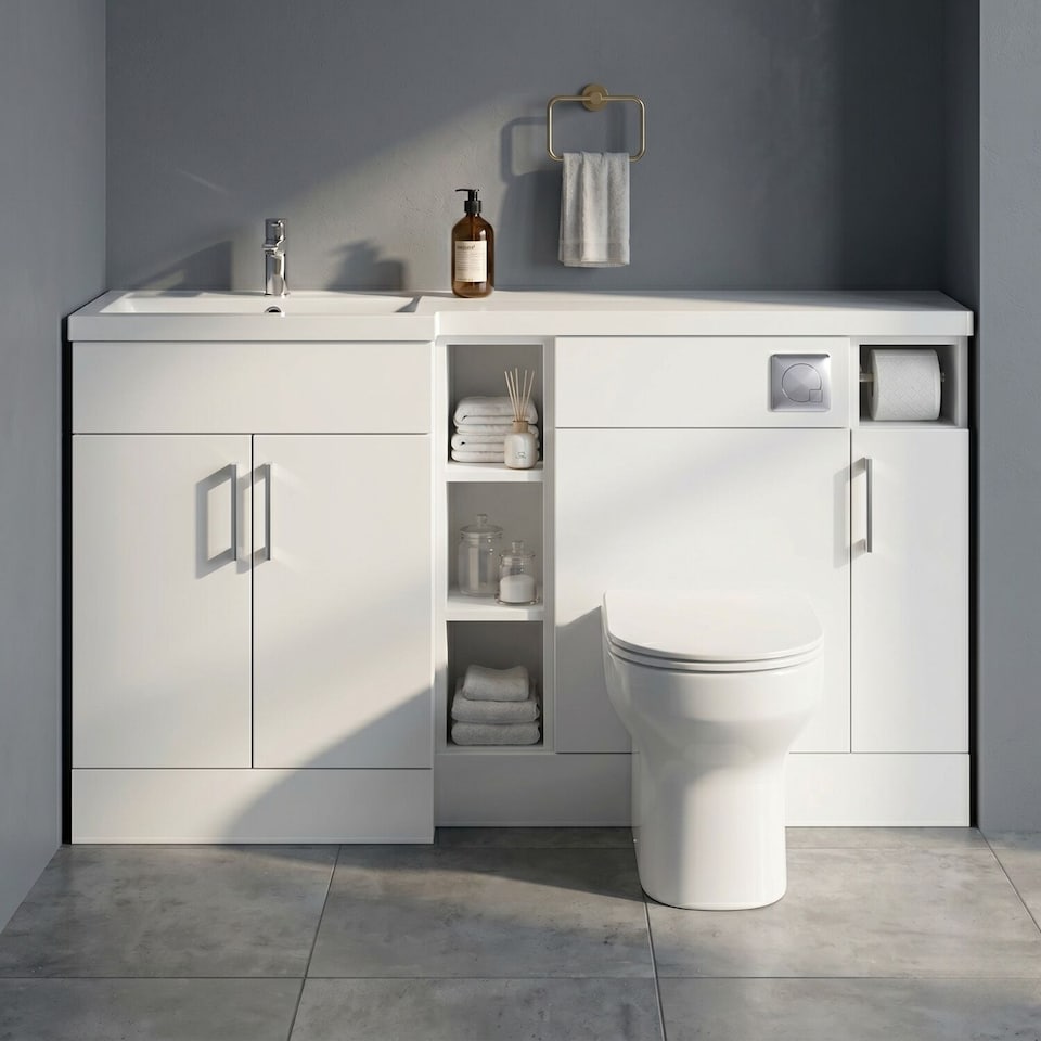 image 1 of Balterley Wichnor Floor Standing 3 Door, Open Shelf Vanity Basin WC Unit with Toilet Roll Holder and Polymarble Basin, 1500mm, Left Hand, Matt White