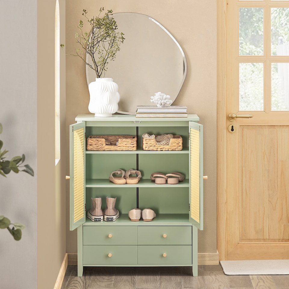 image 1 of SoBuy Sideboard Storage Cabinet with 4 Drawers & 2 Rattan Doors, Green, 27.6x13.4x35.4 inches, 26.6 kg - FSB72-GR