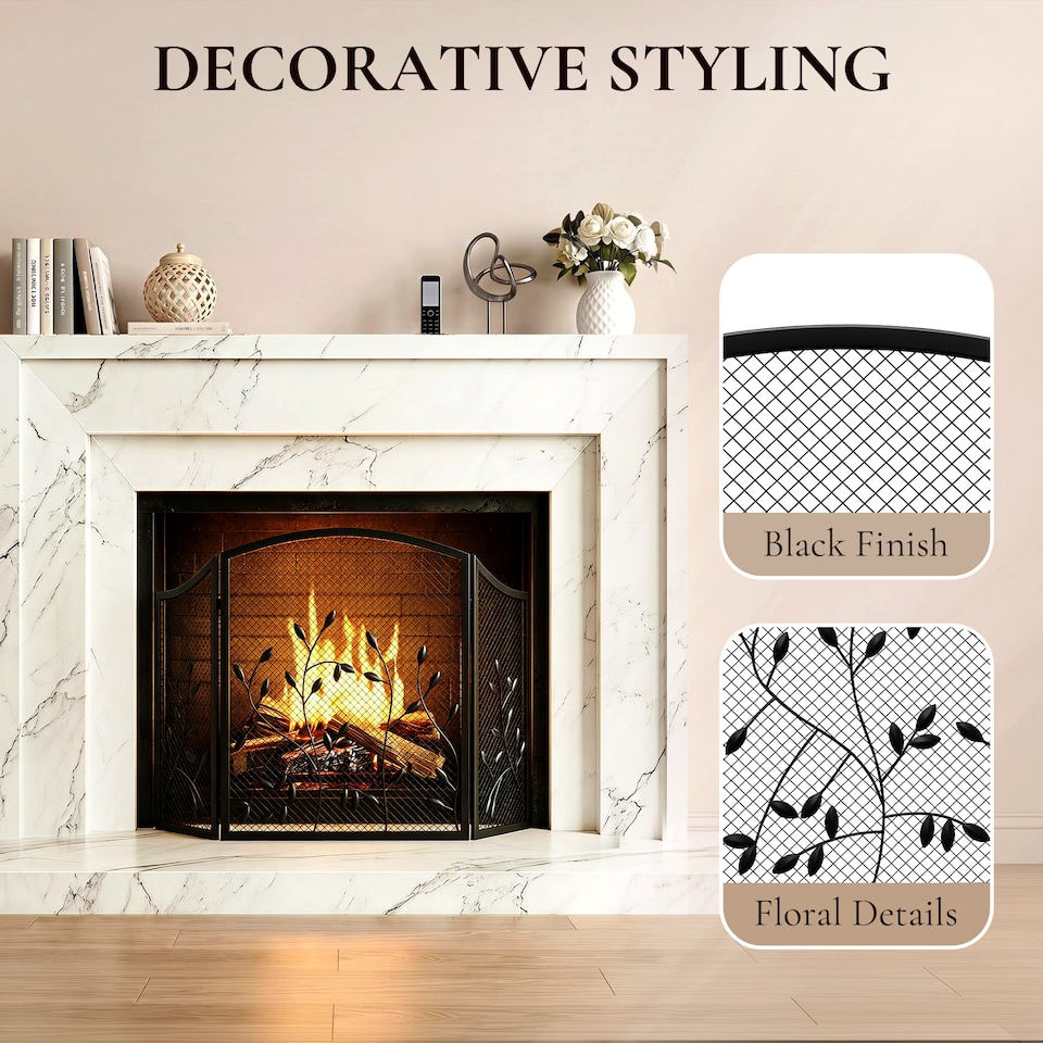 image 1 of HOMCOM 3-Panel Folding Fireplace Screen for Protection, Black