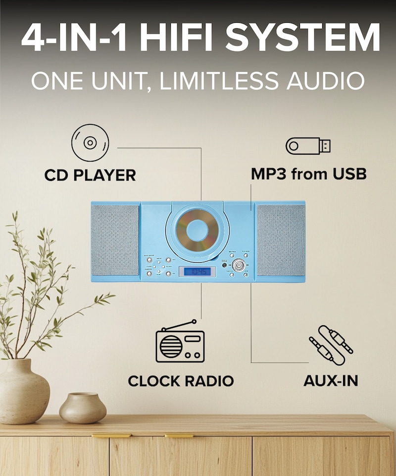 image 1 of CD Player with Speakers - HiFi System for Home with Radio, USB, MP3, Clock Alarm & Remote - Compact Stereo System with Wall Mount Design - Small CD Players for Home - GTMC-101