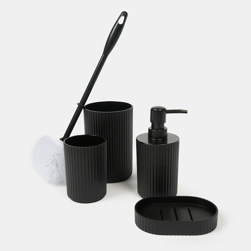 image 1 of OHS 4 Piece Ribbed Bathroom Set Soap Dish Dispenser Toothbrush Holder Tumbler Toilet Brush Accessories Organiser - Black