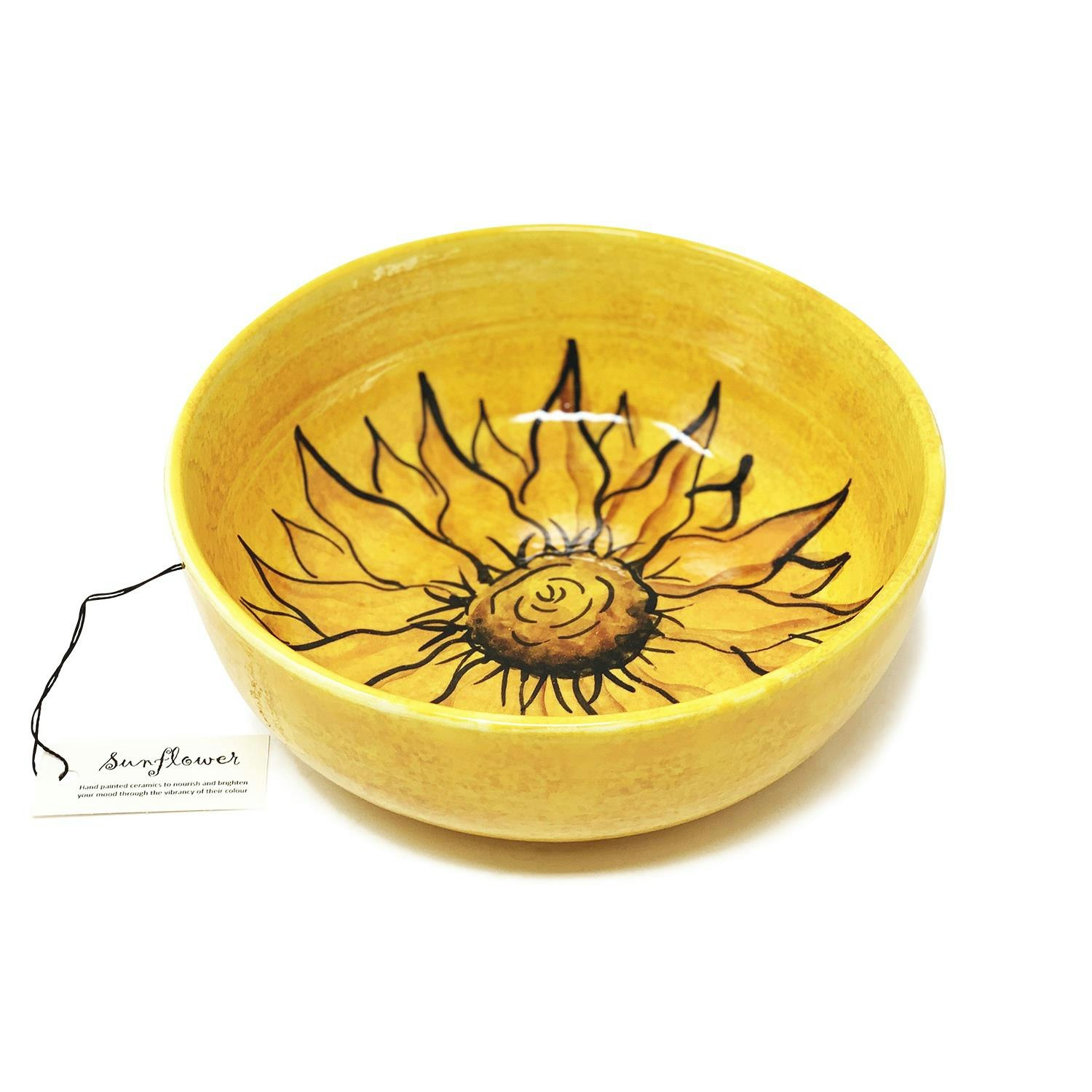 Verano Spanish Ceramics Sunflower Hand Painted Ceramic Yellow Kitchen Dining Round Bowl (Diam) 23cm