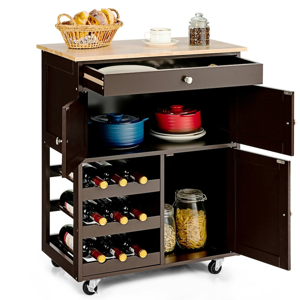 image 1 of COSTWAY Rolling Kitchen Storage Trolley Cupboard Island Brown