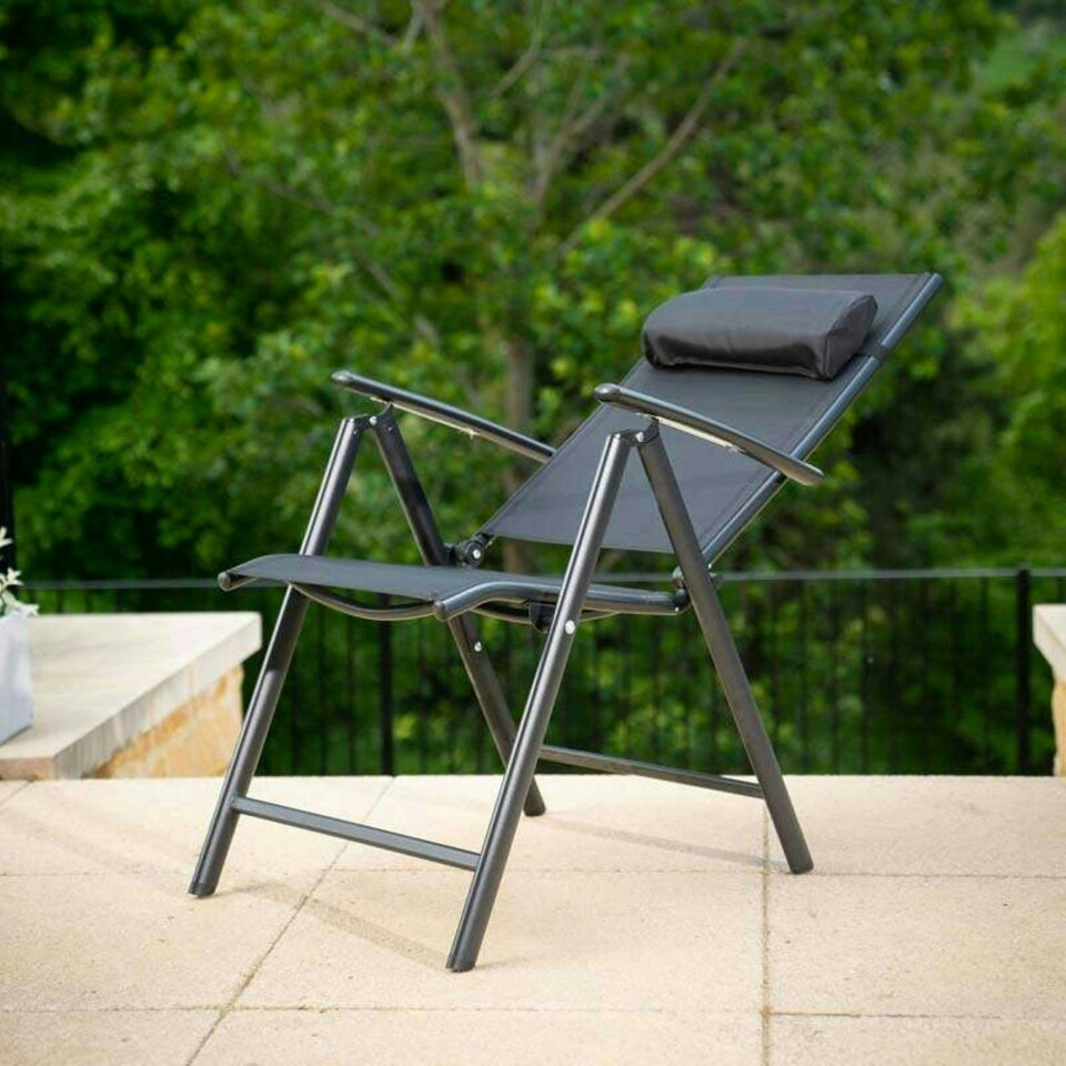 image 1 of Hectare 6 Seater Garden Furniture Reclining Glass Dining Set with Parasol Black
