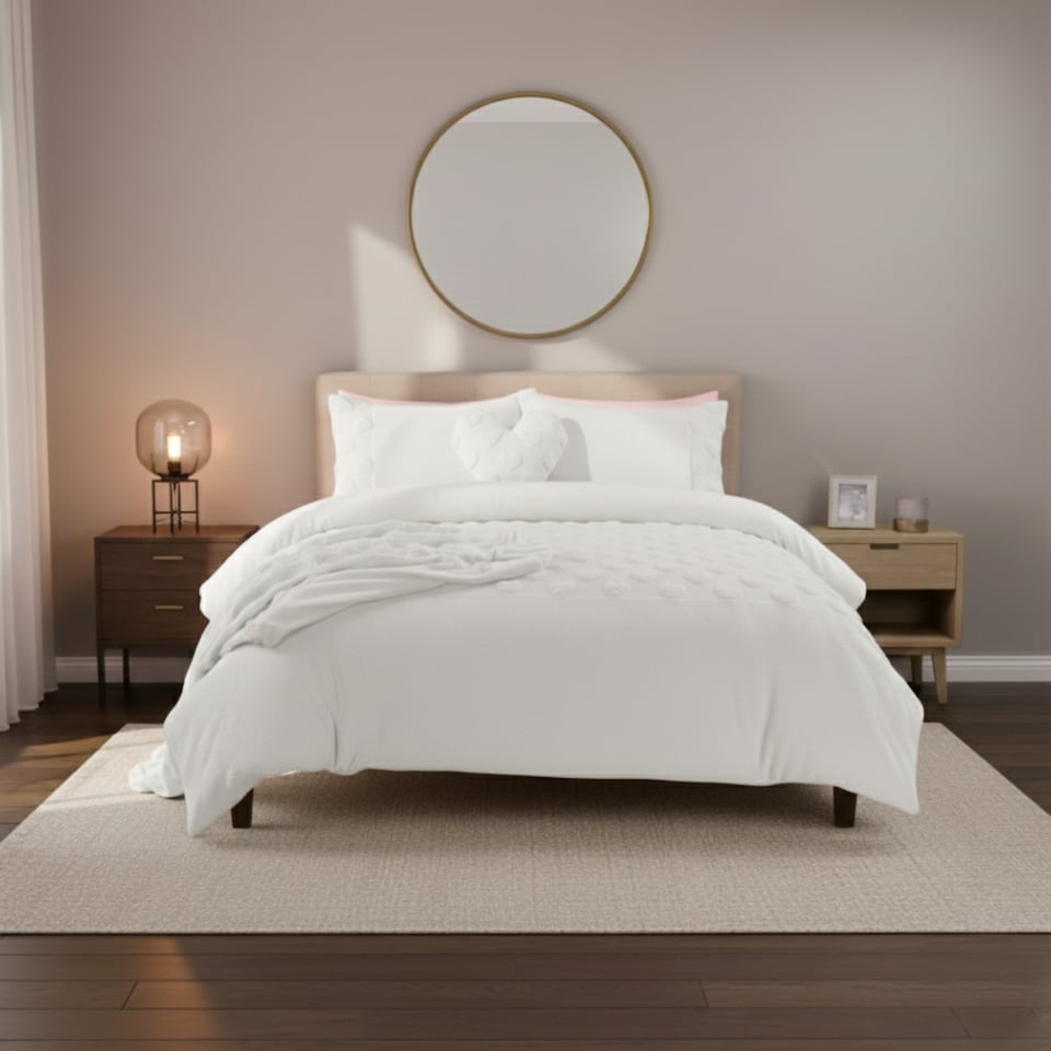 image 1 of Super Soft Teddy Duvet Cover Set Heart Embossed Cozy Fleece Bedding | White | Double