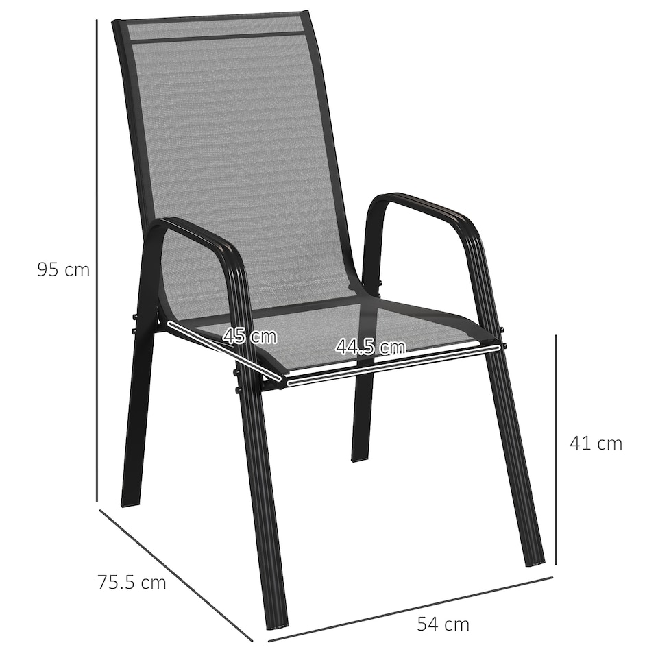image 1 of Outsunny 4 Pieces Garden Chairs, Stackable Outdoor Chairs with High Backrest and Armrest, Breathable Mesh Fabric Dining Chair Set of 4, Black