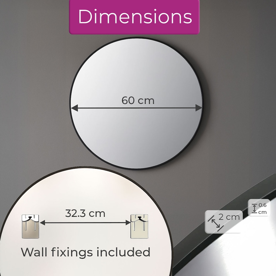 image 1 of Neo 60cm Black Round Metal Frame Wall Mirror Float Glass HD Reflection Anti Rust Moisture Proof Wall Mounted Bathroom Bedroom Hallway Living Room Vanity | Black | Black