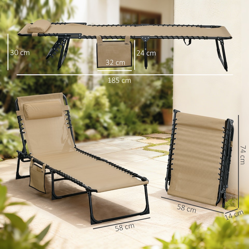 image 1 of Outsunny Portable Sun Lounger, Folding Camping Bed Cot, Reclining Lounge Chair 5-position Adjustable Backrest with Side Pocket, Pillow for Patio Garden Beach Pool | White