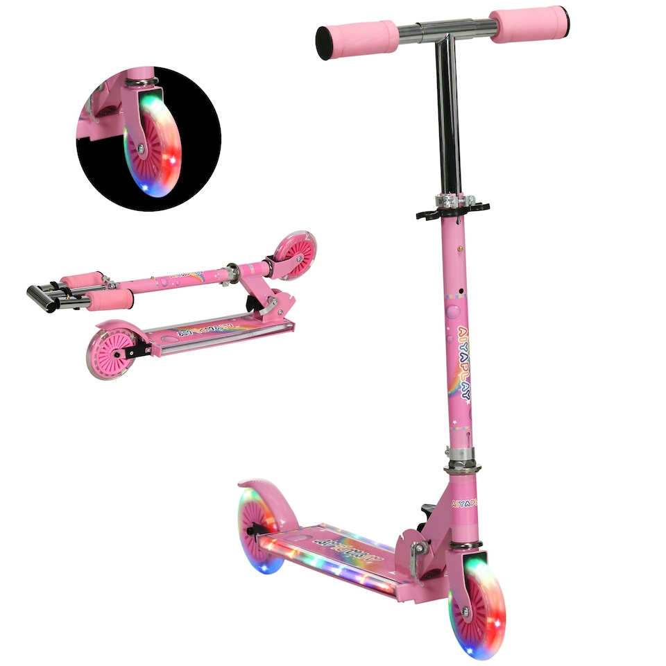 image 1 of HOMCOM Kids Scooter 2 Wheels W/ Lights Music Adjustable Height Foldable - Pink
