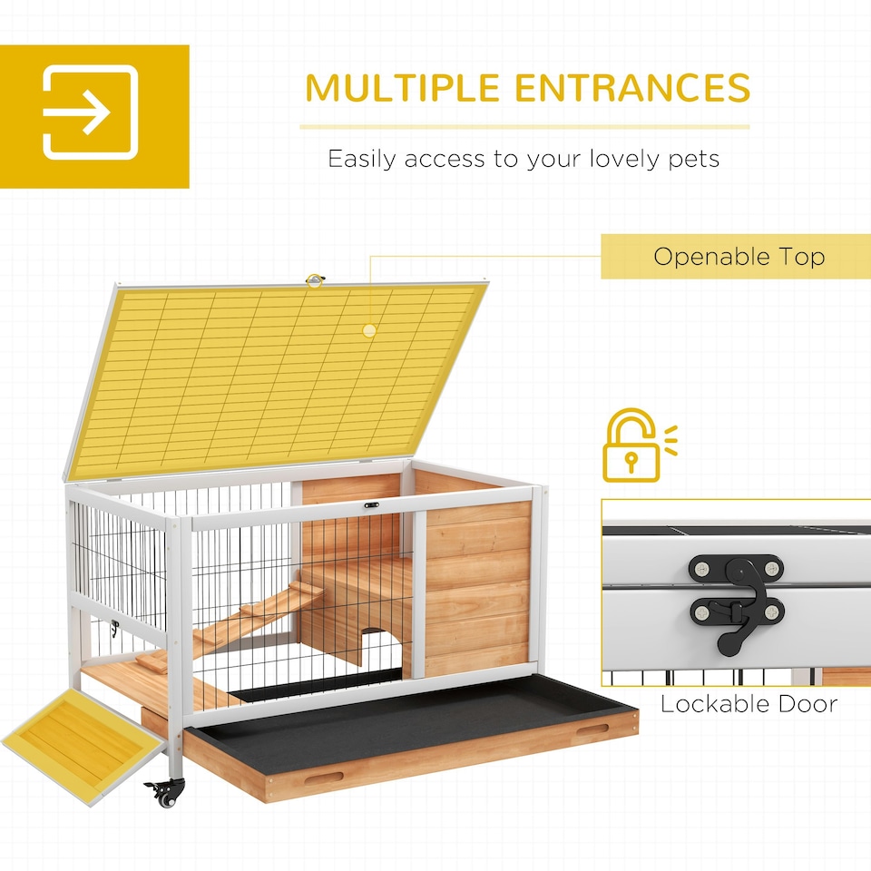 image 1 of PawHut Wooden Guinea Pig Hutch 2-Floor Design w/ Wheels, Yellow