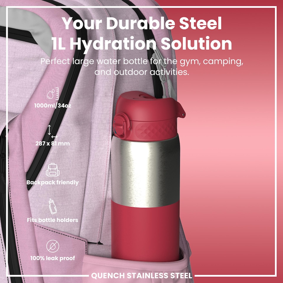 image 1 of Leak Proof 1 Litre Water Bottle, Stainless Steel, 1200ml (40oz)
