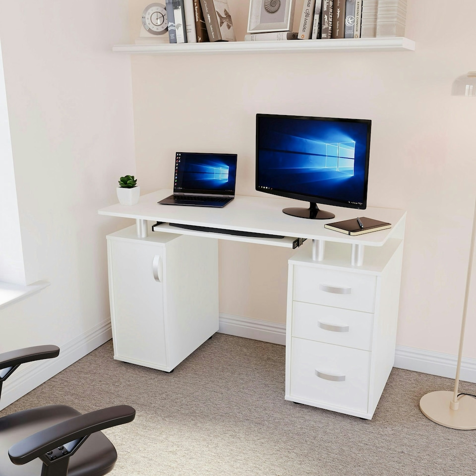 image 1 of Vida Designs Otley 3 Drawer Computer Desk Home Office Workstation, White