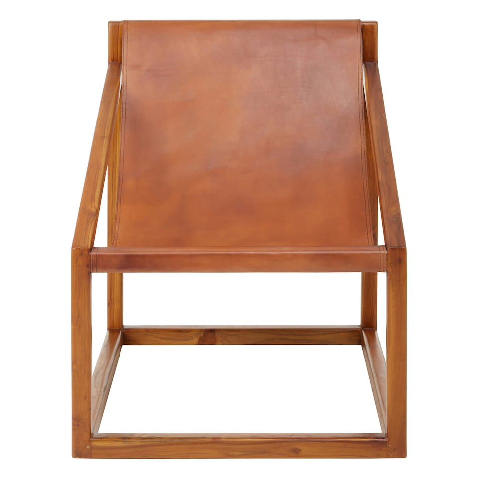 image 1 of Brown Cubic Frame Chair,Leather Upholstered Armchair,Teak Wood Accent Chair For Lounge,Comfy Patio Chair Brown